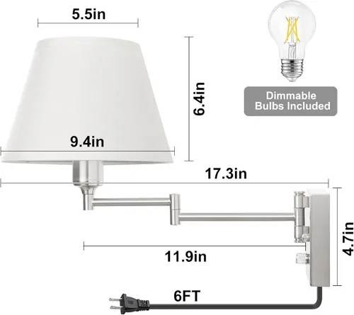 Vista 6 de TRLIFE Aplique de pared enchufable, juego de 2 lámparas de pared regulables con brazo oscilante de níquel cepillado, cable de enchufe y interruptor