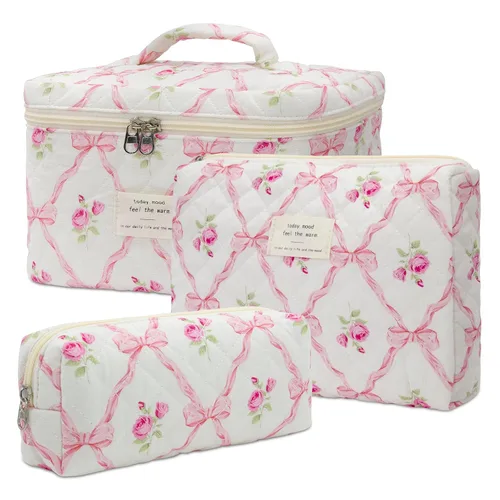Vista 19 de honitty Bolsa de maquillaje, bolsas de cosméticos acolchadas, bolsas de maquillaje florales grandes para mujeres, organizador de maquillaje, bolsa