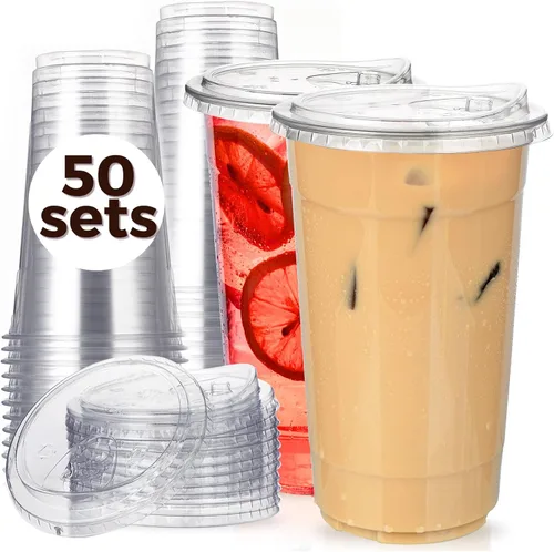 Vista 9 de Vasos de plástico transparente de 9 onzas con tapas para sorber sin pajita, 50 juegos de vasos desechables de plástico para café helado, vasos
