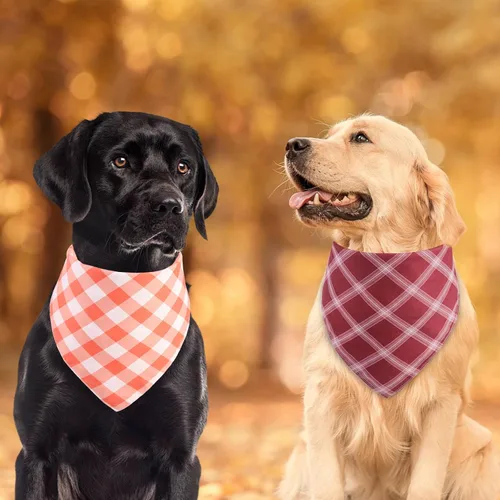 Vista 6 de Bandanas de otoño para perro, 2 unidades, pequeñas, bufanda de calabaza y hojas de Halloween, bufanda reversible de búfalo a cuadros, triangular