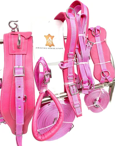 Vista 6 de Arnés de conducción de nailon unisex en color rosa para carro de caballo individual rosa (Cob)
