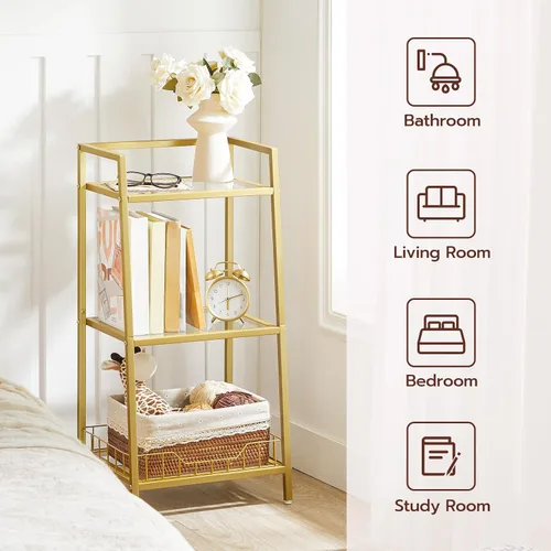 Vista 6 de HOOBRO Soporte de estante de vidrio dorado, unidad de estante de pie de 3 niveles, organizador y almacenamiento de baño, estantes de almacenamiento