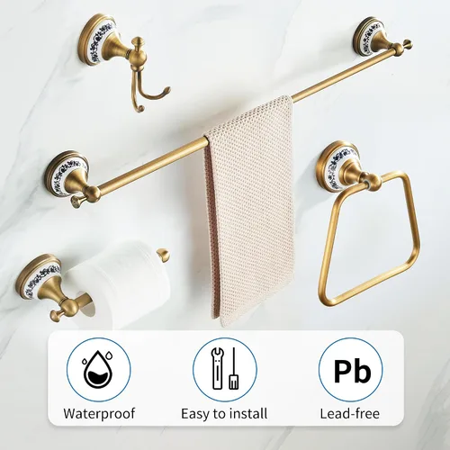 Vista 8 de Juego de accesorios de baño de bronce antiguo, toallero ajustable, soporte para rollo de papel higiénico, soporte para toalla de mano, gancho, juego