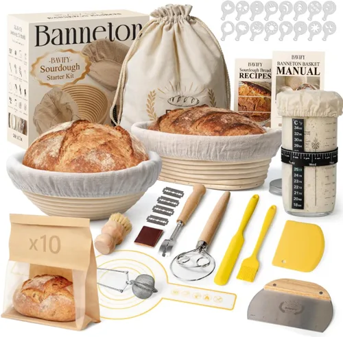 Vista 10 de BAVIFY Kit Inicial para Masa Madre, Juego de Cestas Redondas de 9" y Ovaladas de 10" para Prueba de Pan Banneton, Suministros para Hornear Pan