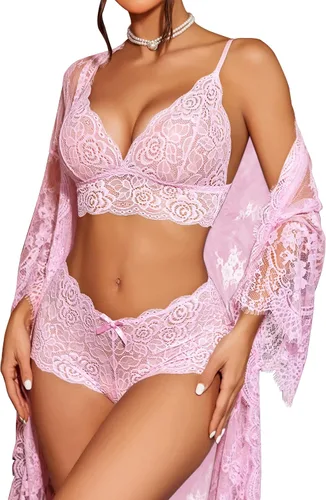 Vista 18 de Avidlove Conjunto de lencería de 3 piezas para mujer, bata de encaje Negro
