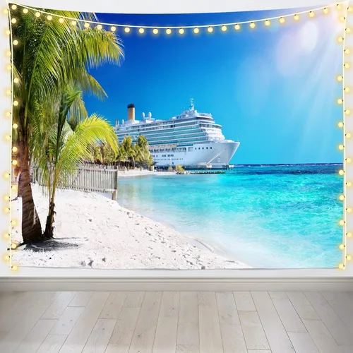Vista 6 de Loccor Tapiz de crucero con diseño de palmera del mar caribeño, coral, playa, tapiz para colgar en la pared, isla tropical, sol, verano, vacaciones