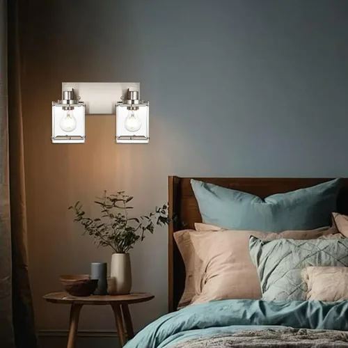 Vista 5 de Iluminación de aplique de pared de 2 luces con base de bombilla E26, lámpara de tocador de baño moderna de níquel cepillado para sobre espejo