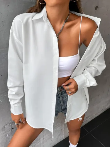 Vista 5 de SheIn Blusa casual de manga larga con botones y hombros caídos para mujer