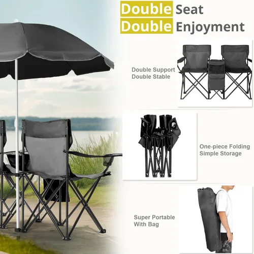 Vista 6 de Silla plegable, silla de camping portátil de 2 asientos con sombrilla extraíble, sillas plegables para exteriores, sillas portátiles de pesca