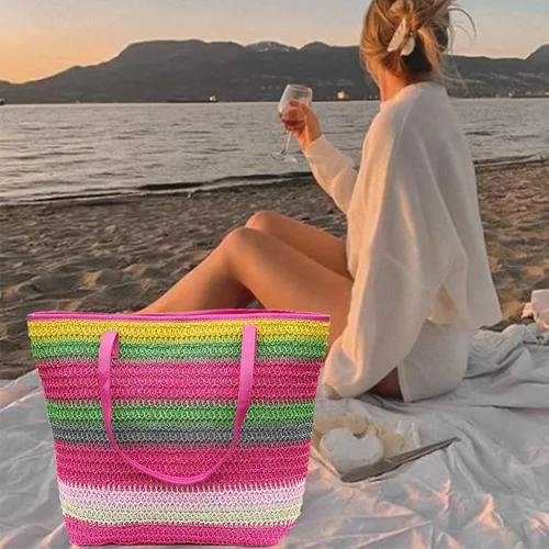 Vista 46 de Bolso grande de paja para mujer, tejido de ratán, bolso de playa de verano, a rayas