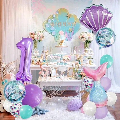 Vista 3 de Decoraciones de cumpleaños de sirena número 1: 13 globos de cola de sirena