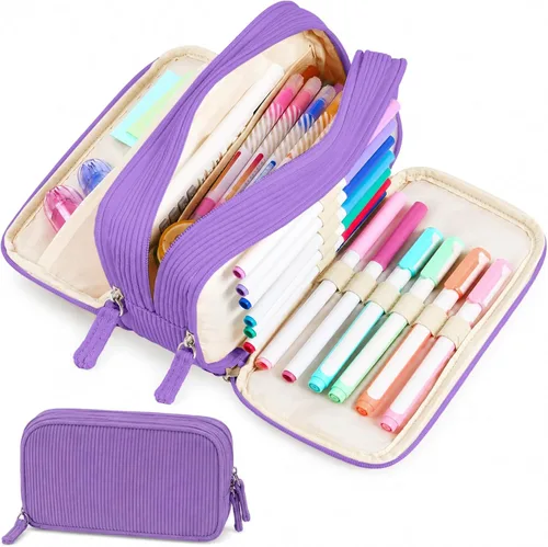 Vista 11 de Sooez Estuche de Lápices de Gran Capacidad con Funda para Bolígrafos, Bolsa de Lápiz de Corduroy Suave con 3 Compartimentos, Múltiples Bolsillos