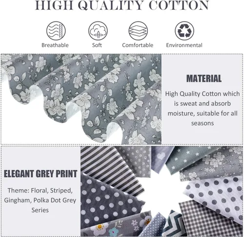 Vista 2 de Paquete de 12 piezas de tela de acolchado gris grueso floral para manualidades, hojas cuadradas de costura precortadas, 20 x 16 pulgadas/19.7 x 15.7