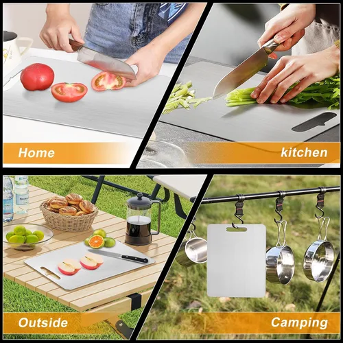 Vista 3 de Juego de 3 tablas de cortar de titanio, 3 tablas de cortar de acero inoxidable, tablas de cortar antiadherentes de doble cara de grado alimenticio