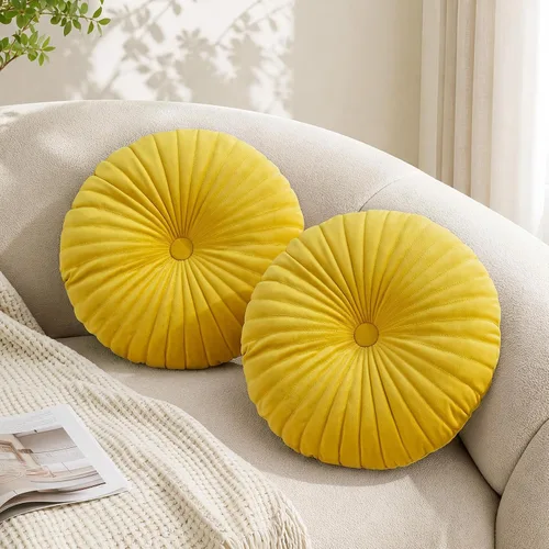 Vista 13 de Teieas - Almohada redonda de terciopelo plisada para decoración, cojín redondo para sofá, silla, cama, coche, burdeos Borgoña