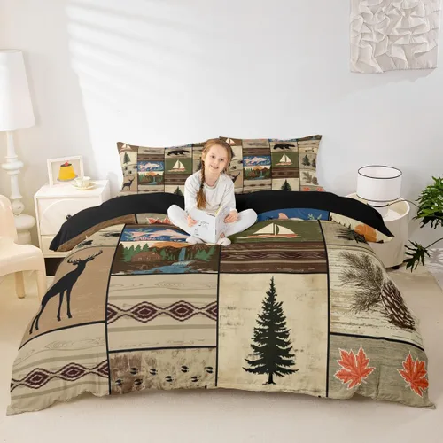 Vista 4 de Funda de edredón de cabaña marrón retro, juego de ropa de cama de retazos con diseño de oso del bosque, ciervos para cabaña rústica, funda de Multi