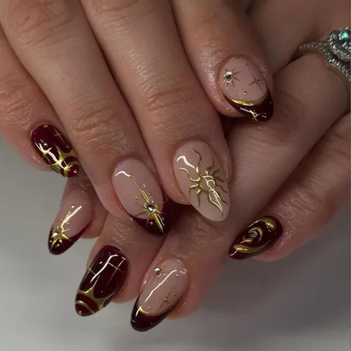 Vista 20 de NBNTGH Uñas postizas a presión de punta francesa blanca, uñas postizas de línea dorada, uñas postizas medianas con diseño de almendra, uñas postizas
