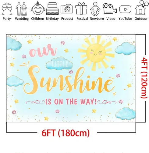 Vista 4 de Mocsicka Telón de fondo para baby shower, sol y nube, fondo de baby shower, con texto en inglés "Our Little Sunshine", decoración para sesión
