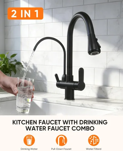 Vista 2 de WANFAN Grifo de fregadero de cocina con rociador extraíble 2 manijas 3 en 1 filtro de agua purificador grifos negro 0195R