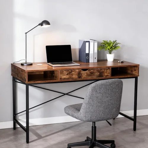 Vista 5 de JJS Escritorio de 48 pies con toma de corriente, escritorio grande contemporáneo para oficina en casa, estación de trabajo para computadora portátil