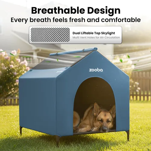 Vista 3 de Casa para perros 2 en 1 de 42" pulgadas para perros medianos, casa elevada para perros al aire libre e interior, refugio de cachorros en exteriores