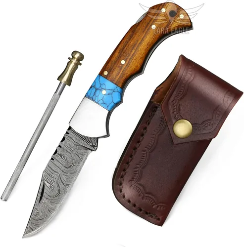 Vista 12 de Cuchillo de bolsillo de damasco Lara Eagle para hombres - Cuchillo plegable de caza de 133 capas de acero sólido hecho a mano con afilador y funda