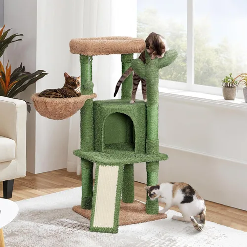 Vista 11 de Yaheetech - Torre de árbol de cactus beige de 42 pulgadas con postes rascadores y condominio
