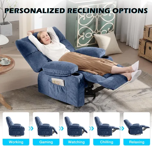 Vista 3 de MAHOMICO Silla reclinable giratoria de gran tamaño con masaje por vibración y calefacción lumbar, giro de 360°, puerto de carga USB, portavasos