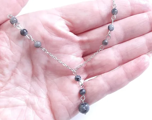 Vista 2 de Natural Crystal Bead Blue Labradorite Stone Y Shaped Lariat Necklace Non-Tarnish Steel Chain