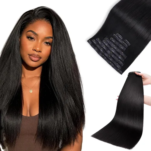 Vista 19 de Lashey Extensiones de cabello humano con clip, sin costuras, #1, color negro azabache, extensiones de cabello humano real, extensiones de cabello