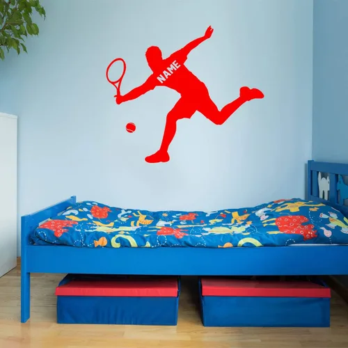 Vista 2 de VWAQ Calcomanía de pared de jugador de tenis personalizada, calcomanía de pared deportiva con nombre personalizado para habitación de niños, CS24
