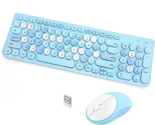 Vista 9 de Combo de teclado y mouse inalámbricos, teclado retro de máquina de escribir con teclas redondas, teclado inalámbrico USB de 2.4 GHz lindo
