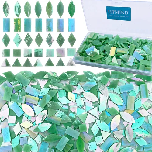 Vista 25 de LITMIND Azulejos de Mosaico de Vidrio Iridiscente Estilo Vitral para Manualidades, 240 Piezas 5 Formas Mixtas de Piezas de Vidrio de Mosaico, Kits