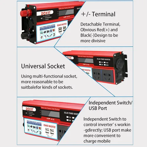 Vista 6 de Inversor de corriente para automóvil de 12 V, 24 V a 110 V, 220 V, convertidor de automóvil con 4 puertos USB, convertidor de adaptador