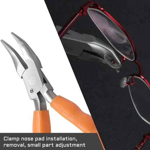 Vista 4 de Alicates de punta doblada de 6 pulgadas, kit de herramientas de reparación y ajuste de lentes de acero inoxidable con destornillador y paño