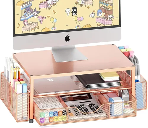 Vista 13 de OPNICE Soporte elevador de monitor doble con cajón y 2 soportes para bolígrafos, organizador de escritorio para suministros de oficina, soporte