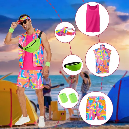 Vista 4 de 80S 90S Workout Costume Halloween Costumes for Adult Mens Cosplay Outfits Swimwear Suit With Sun Hat
