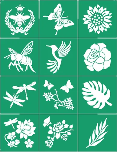 Vista 9 de JAJADO Plantillas de flores silvestres, 4 unidades, plantillas de pantalla de seda autoadhesivas, plantillas de flores de rosas, animales, plantas