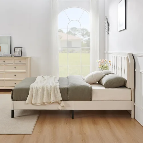Vista 7 de Furnify Base de cama tamaño Queen, plataforma tapizada de terciopelo con ribete dorado, cama de estilo moderno con cabecera ajustable, no necesita