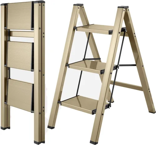 Vista 12 de Taburete plegable de cocina pequeña escalera armario de aluminio Acabado dorado champán