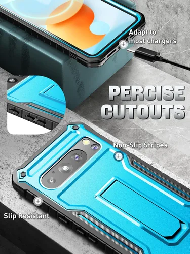 Vista 2 de ExoGuard Funda protectora para Google Pixel 8 Pro, funda protectora de goma resistente a los impactos a prueba de golpes, soporte integrado (azul)
