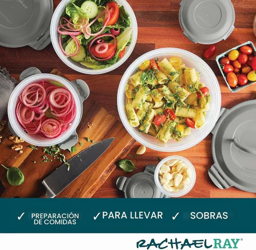 Vista 6 de Rachael Ray Juego de contenedores de almacenamiento de alimentos a prueba de fugas, 10 piezas, transparentes con tapas grises Transparente con tapas