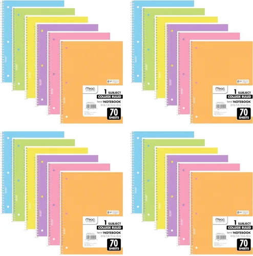 Vista 10 de Mead Cuaderno de espiral, paquete de 6, 1 materia, papel rayado universitario, 7-1/2 x 10-1/2 pulgadas, 70 hojas por cuaderno, colores brillantes