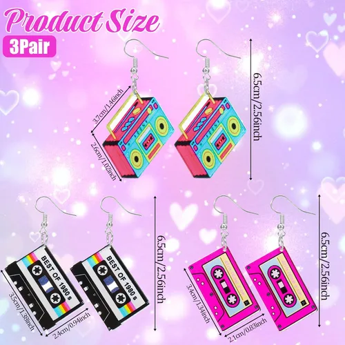 Vista 2 de 3 pares de aretes de neón con cinta de casete retro de los años 80 y 90 para mujer, traje de los años 80 y 90, aretes acrílicos de radio, joyas