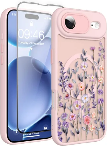 Vista 52 de Magnético para iPhone 13 con protector de pantalla [Compatible con MagSafe] Diseño de patrón floral de flores bonitas, funda delgada a prueba