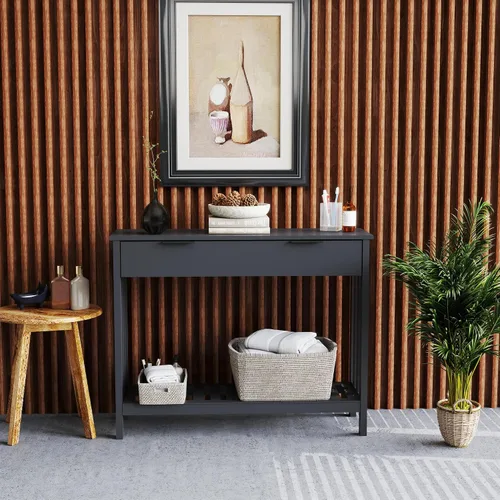 Vista 6 de TaoHFE Mesa de entrada negra con cajón, mesa consola estrecha moderna de madera con almacenamiento, mesa de pasillo, mesas de sofá para sala