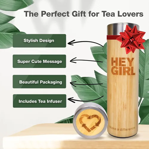 Vista 4 de Hey Girl - Botella infusor de té de bambú con colador de té, botella de agua aislada de acero inoxidable para té y café de hojas sueltas, vaso de té