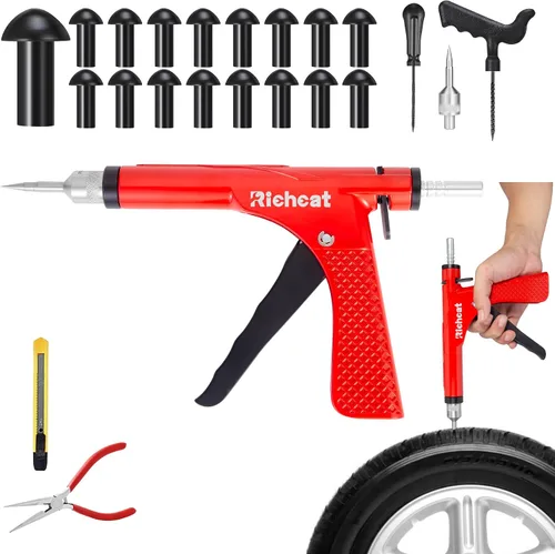 Vista 9 de Kit de reparación de pinchazos de neumáticos sin cámara Richcat con tapón de seta, repara pinchazos y neumáticos pinchados para motocicletas, autos