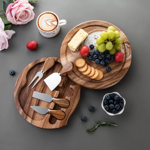 Vista 2 de Juego de tablas de queso de madera de acacia, tabla de charcutería y plato para servir queso con 4 cuchillos de queso de acero inoxidable, ideal