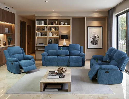 Vista 29 de Juego de Muebles para Sala de Estar, Juego de Sofá Reclinable Manual, Juegos de Sofás Reclinables de Cuero Beige con Mesa Desplegable, Sofá